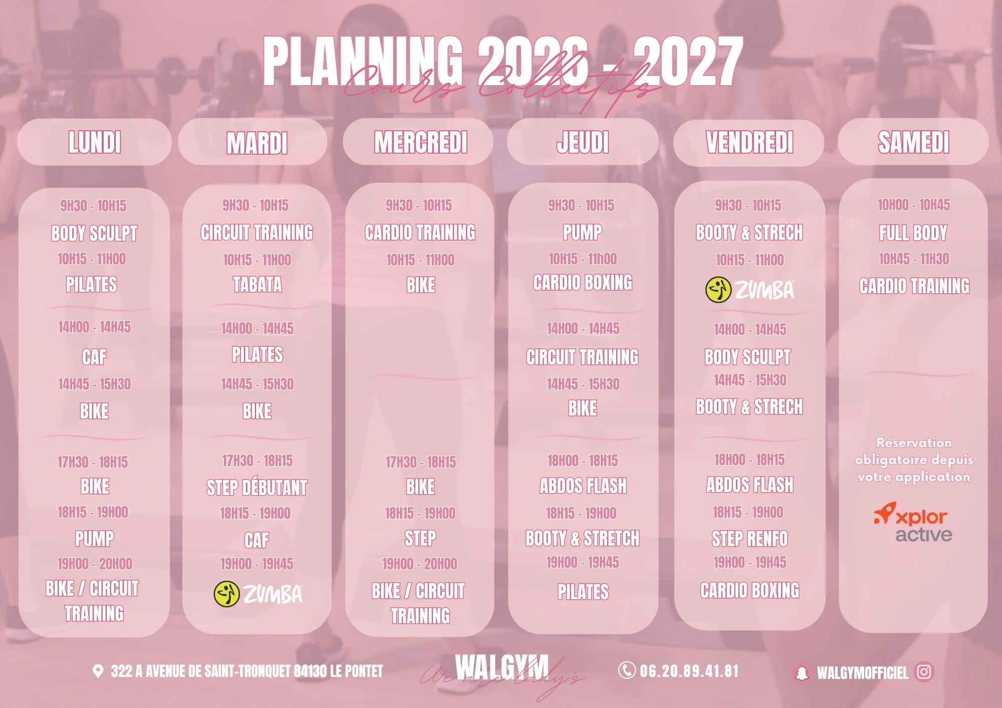Planning des cours collectifs Walgym 2026-2027 : horaires de la semaine, du lundi au samedi
