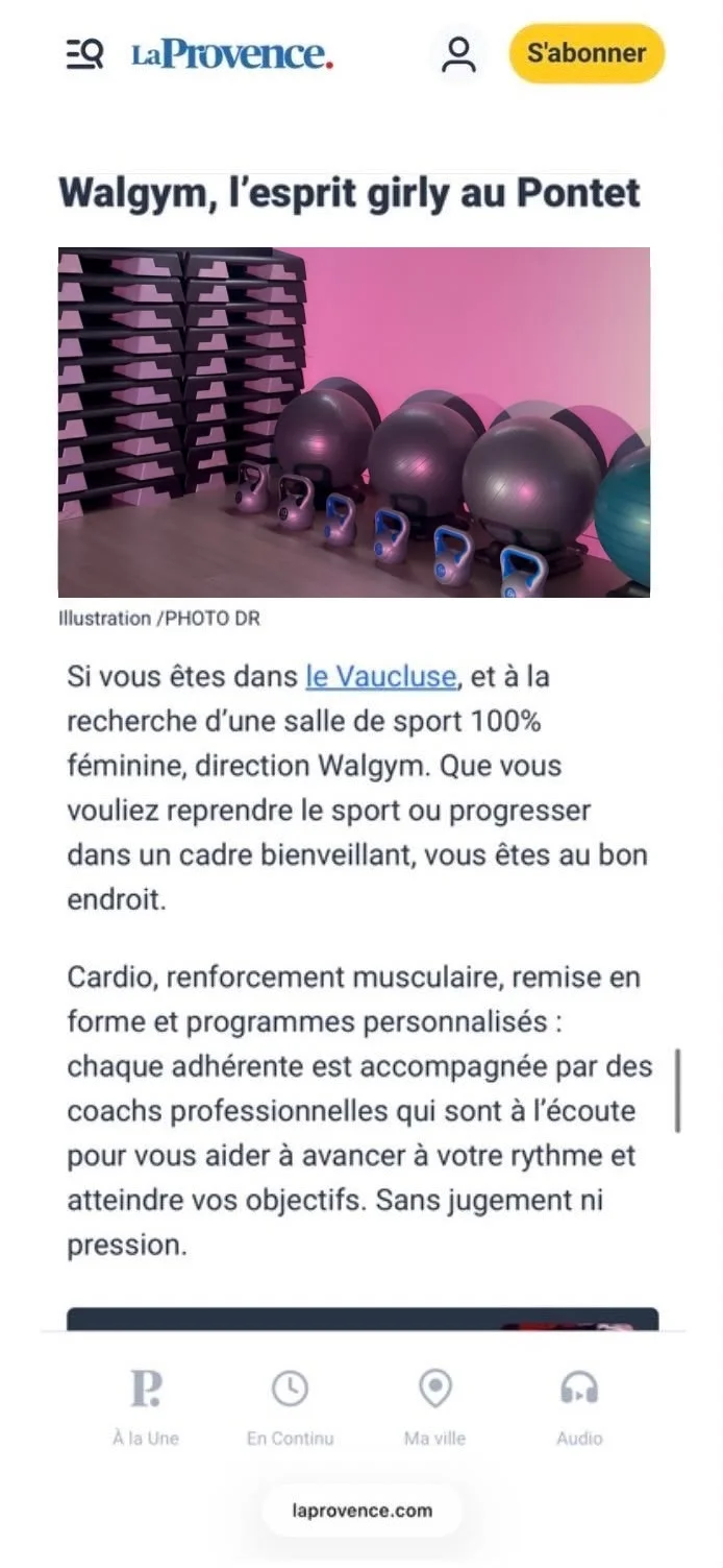 Capture de l'article de La Provence citant Walgym, salle de sport 100% féminine au Pontet